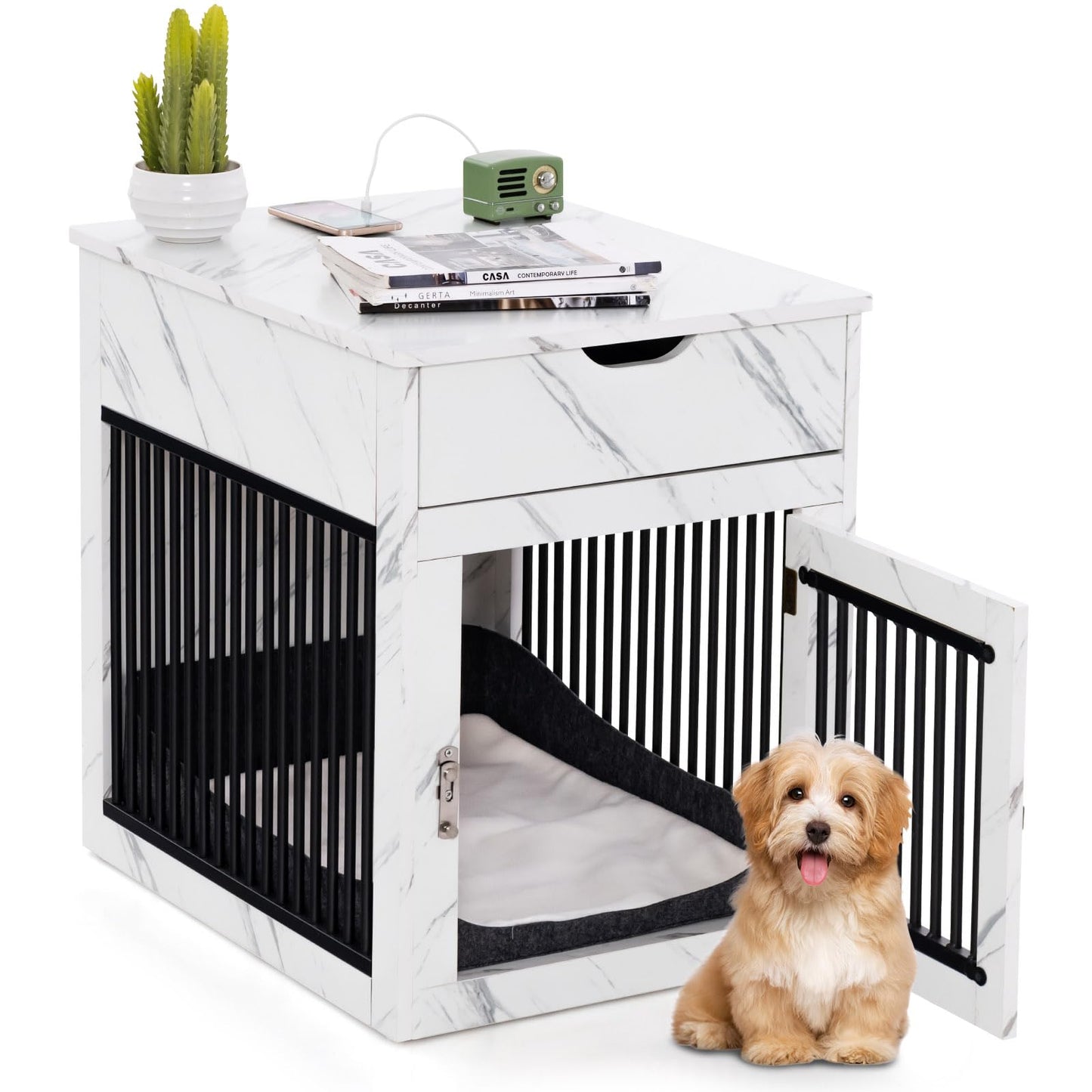 Wooden Dog Crate, Furniture Style Puppy Cage Side End Table with Drawer and Removable Pad
