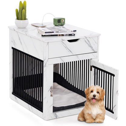 Wooden Dog Crate, Furniture Style Puppy Cage Side End Table with Drawer and Removable Pad