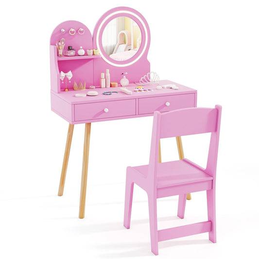 Wooden Kids Vanity Set with Lighted Mirror, Hooks and Storage Drawers
