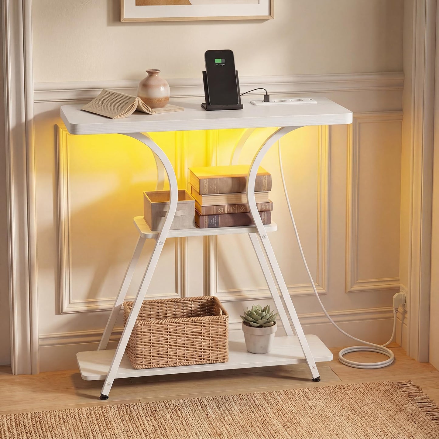 Console Table with LED Light and Power Outlet, 3-Tier Narrow Entryway Table