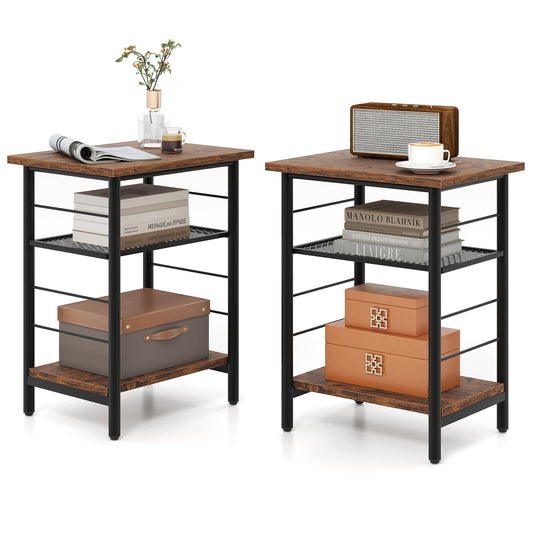3 Tier Side Table with Height Adjustable Metal Mesh Shelf