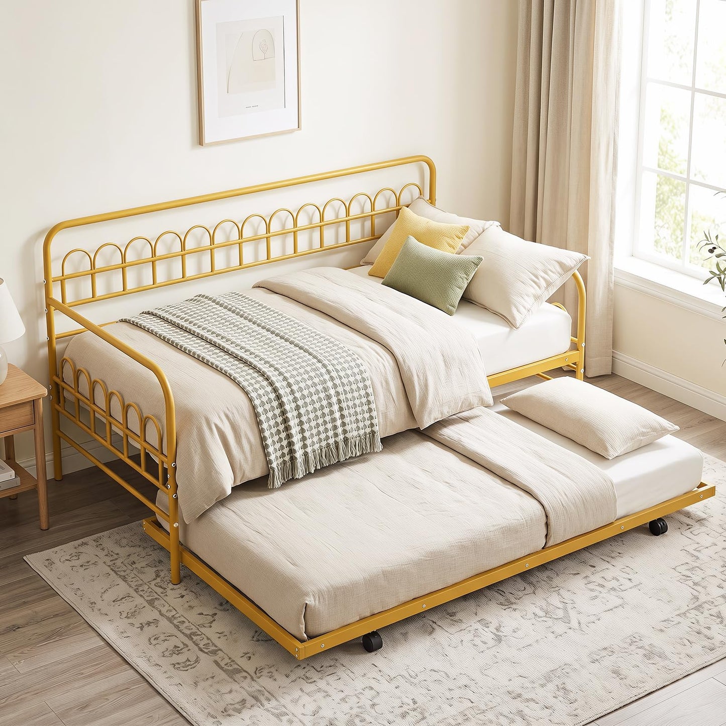 Single Daybed with Trundle and Curved Backrest and Armrests No Box Spring Needed