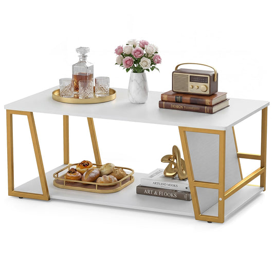 2-Tier Coffee Table, Wooden Cocktail Center Table with Storage Shelf