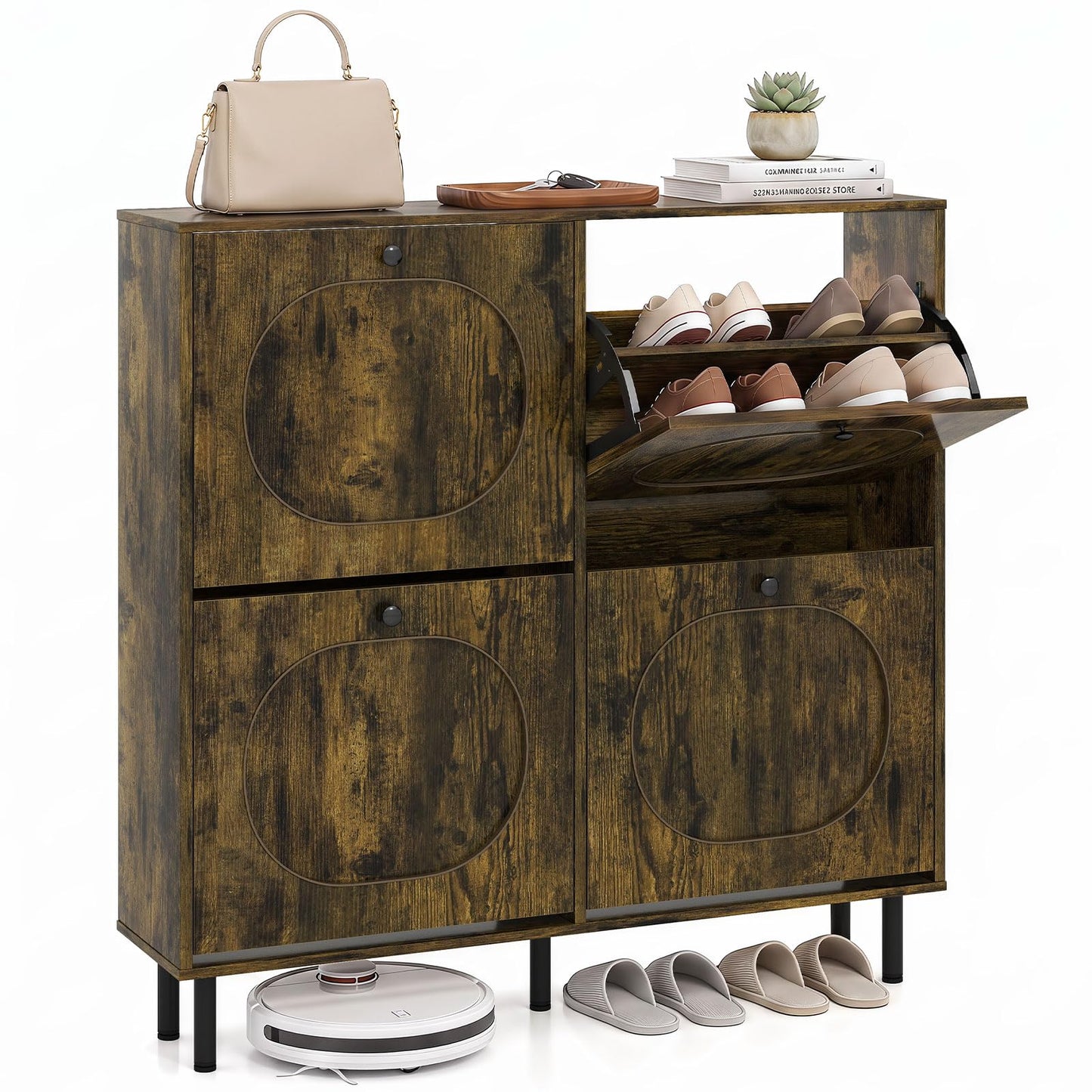 Narrow Shoe Cabinet with 4 Flip Drawers