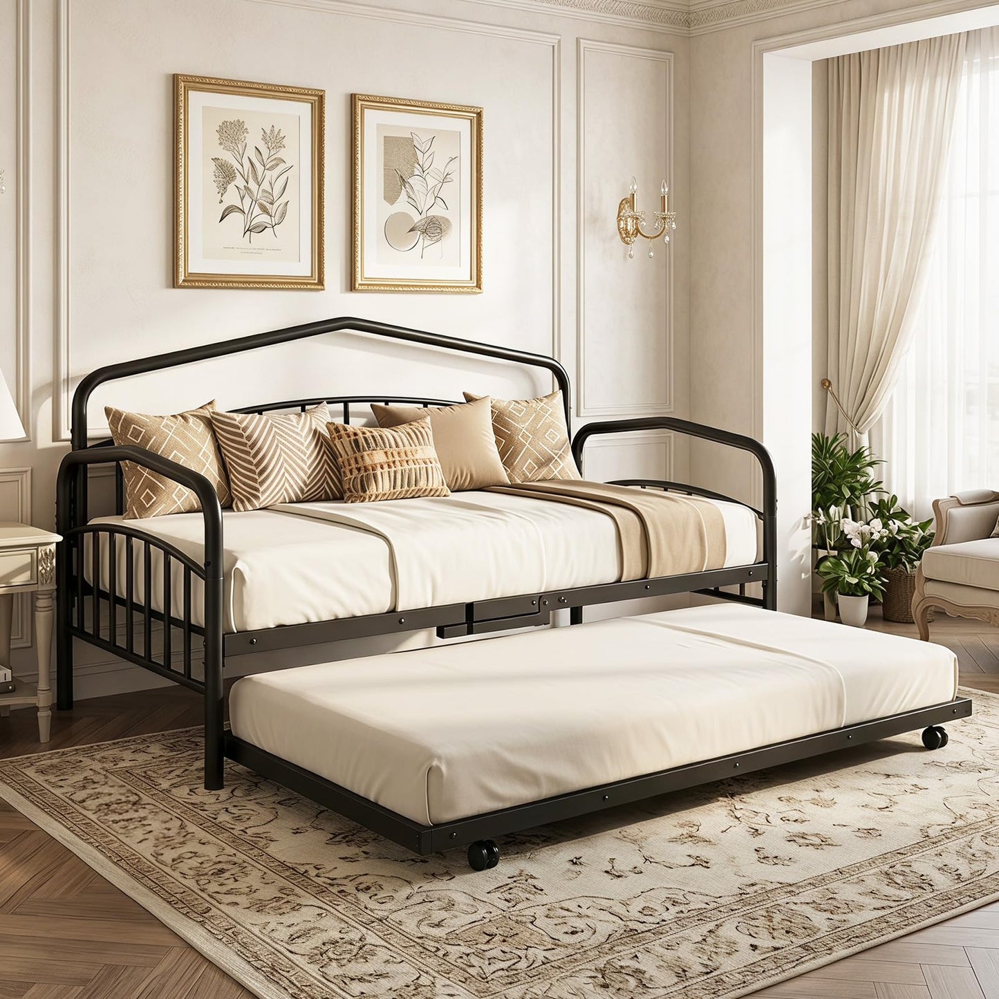Metal Day Bed with Trundle, Single Bed Frame with Headboard