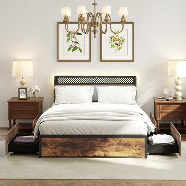 Industrial Metal Platform Bed with LED Lights and USB Power Outlets