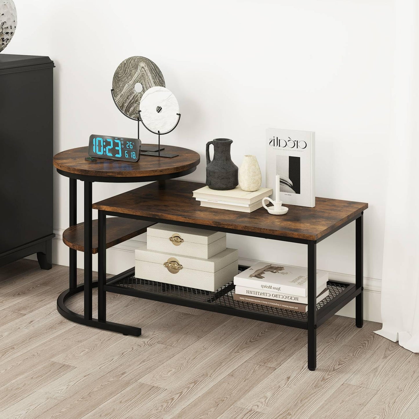 Nesting Coffee Table Set of 2, Faux Marble Cocktail Center and Round End Table with Storage Shelf & Adjustable Foot Pads