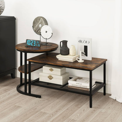 Nesting Coffee Table Set of 2, Faux Marble Cocktail Center and Round End Table with Storage Shelf & Adjustable Foot Pads