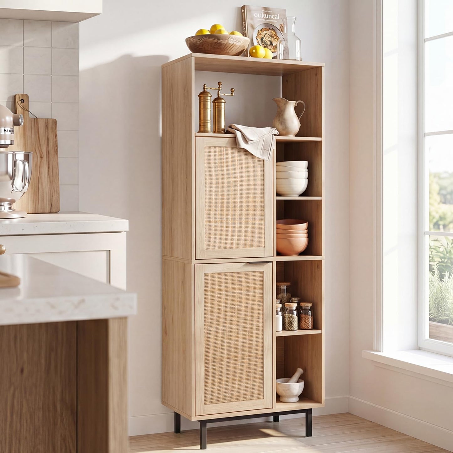 120 cm Storage Cabinet with 2 Rattan Doors & 5 Compartments