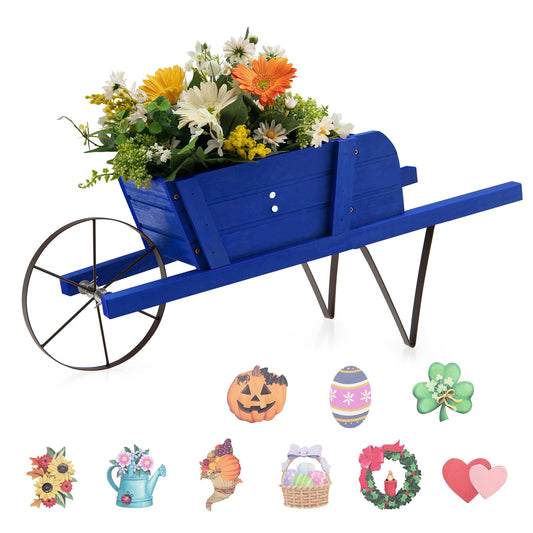 Wooden Wagon Planter Stand Wheelbarrow Flower Cart Garden Decoration