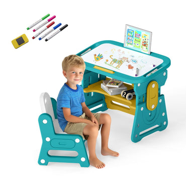 Kids Table and Chair Set with Tiltable Whiteboard and Book Stand