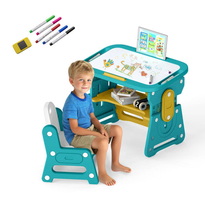 Kids Table and Chair Set with Tiltable Whiteboard and Book Stand
