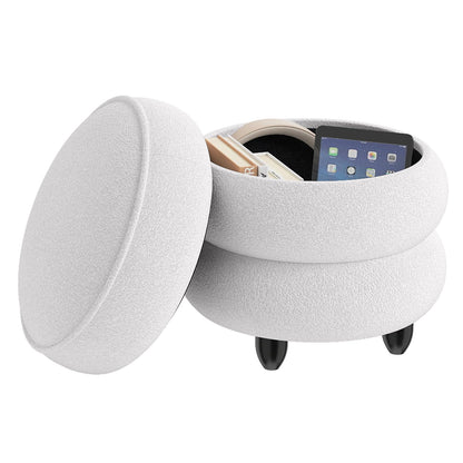 Modern Round Storage Ottoman with Removable Lid and Rubberwood Legs