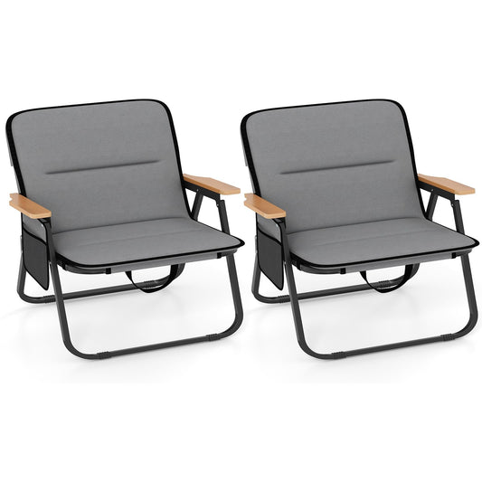 Set of 2 Folding Camping Chairs with Storage Pocket and Armrests