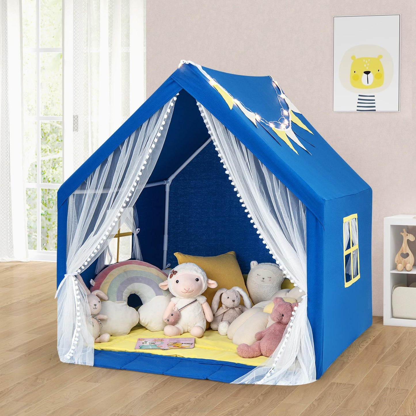 Kids and Toddlers Playhouse with Washable Cotton Mat and Star Lights and Windows