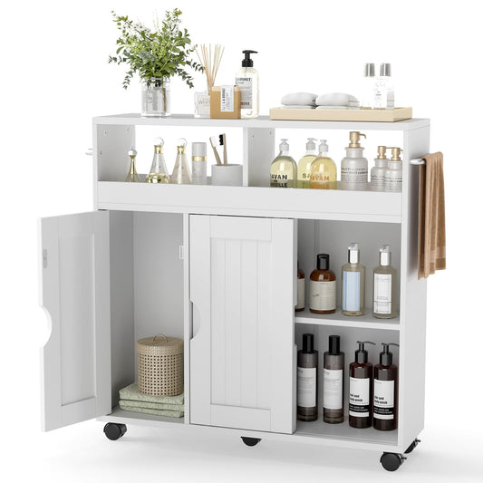 Bathroom Floor Cabinet on Wheels, Freestanding Slim Bathroom Storage Unit