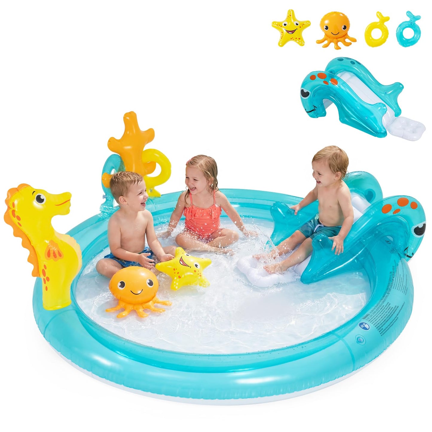 Inflatable Play Center, Marine Life Spray Paddling Pool with Slide & Sprinkle