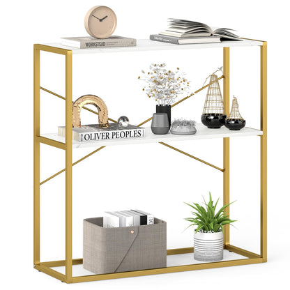 2-Tier Entryway Table with Marble Textured Open Shelves and Metal Frame