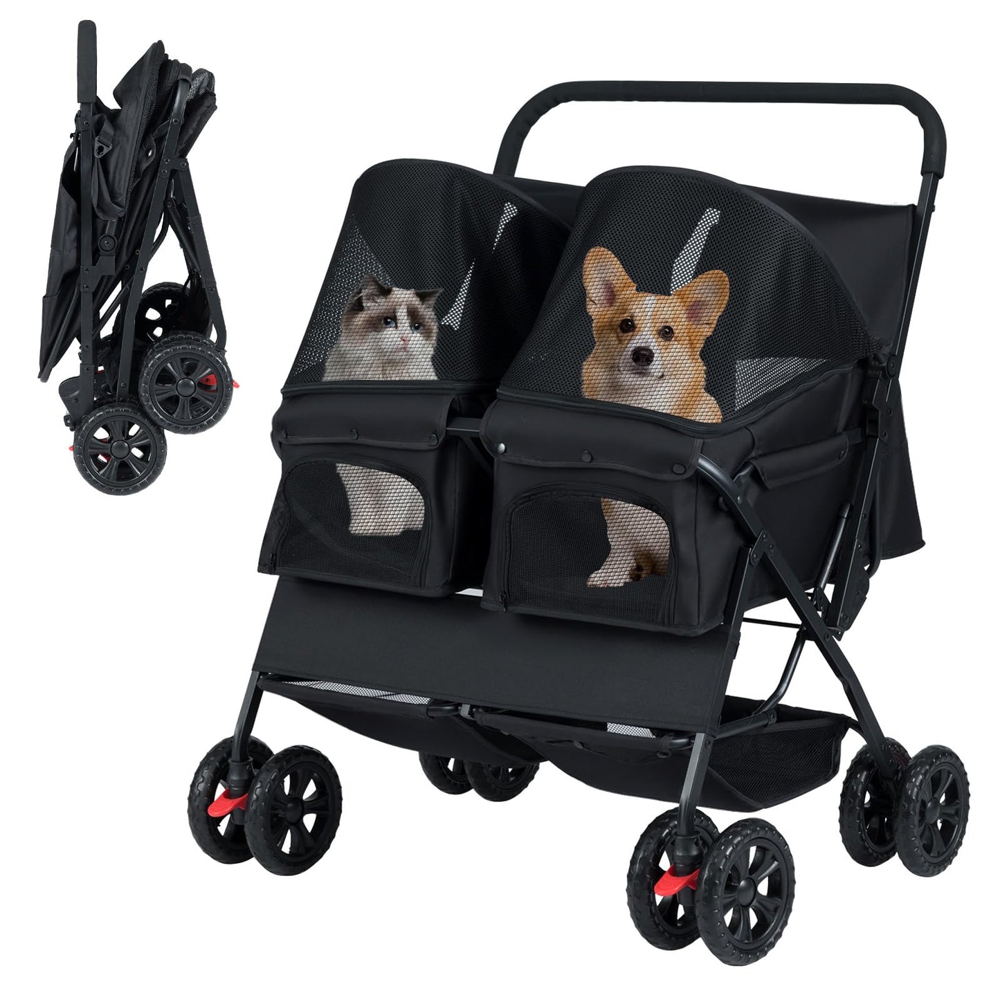 Double Pet Stroller, Foldable Dog Travel Pushchair Cat Buggy