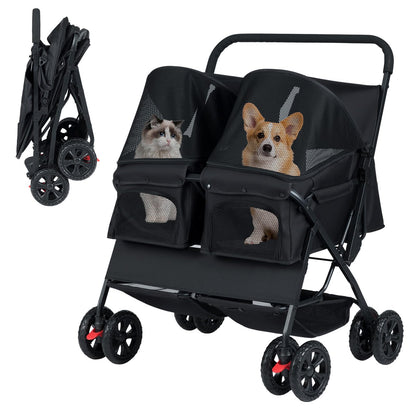 Double Pet Stroller, Foldable Dog Travel Pushchair Cat Buggy