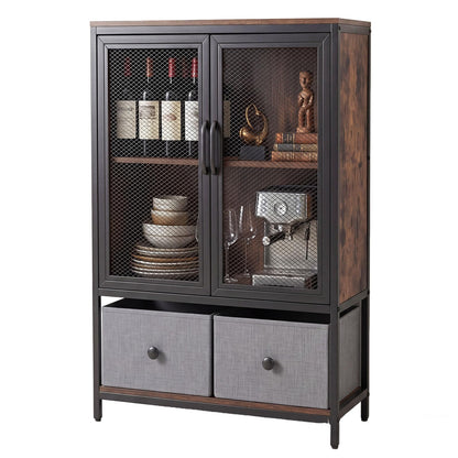 Sideboard Storage Cabinet with 2 Mesh Doors & 2 Fabric Drawers