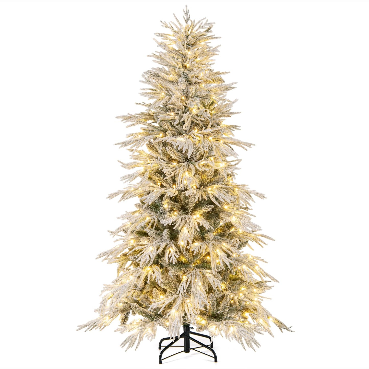 6 FT Artificial Christmas Tree Flocked Xmas Tree with 250 Warm White LED Lights and Folding Metal Stand