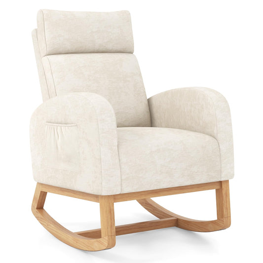Upholstered Chenille Nursery Rocking Chair with Rubber Wood Frame