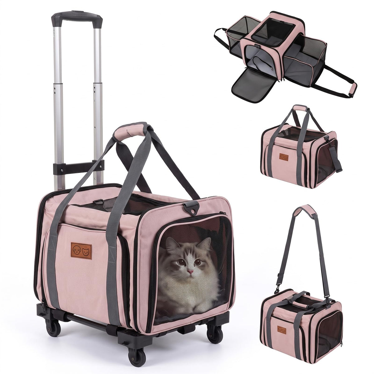 Rolling Cat Carrier with Wheels and Telescopic Handle