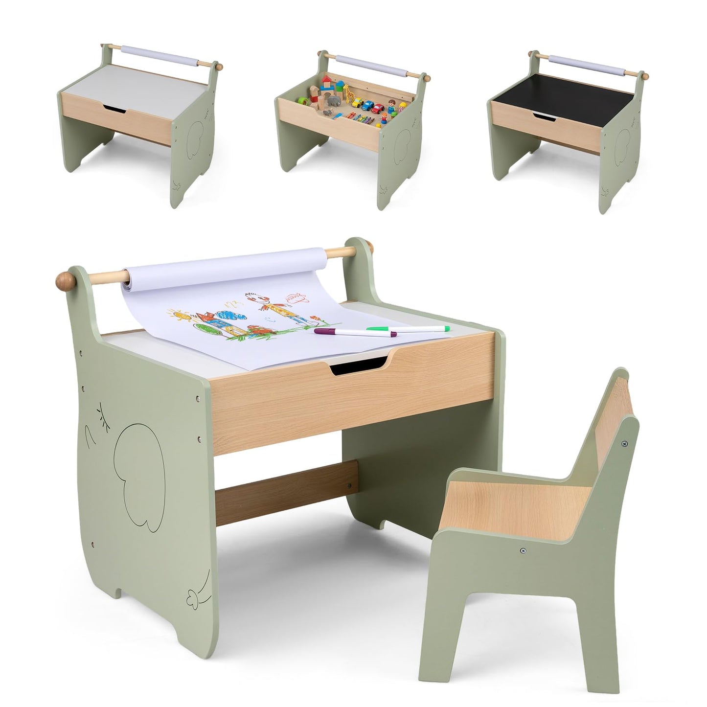 3 in 1 Kids Table and Chair Set, Toddler Art Table with Reversible Blackboard Tabletop