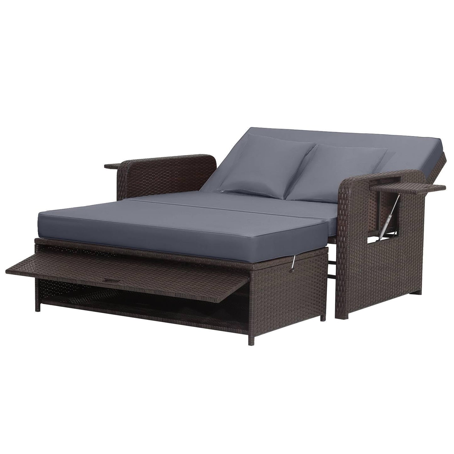 Garden Rattan Daybed, 4-Level Adjustable Patio Wicker Loveseat Sofa Bed Sun Lounger
