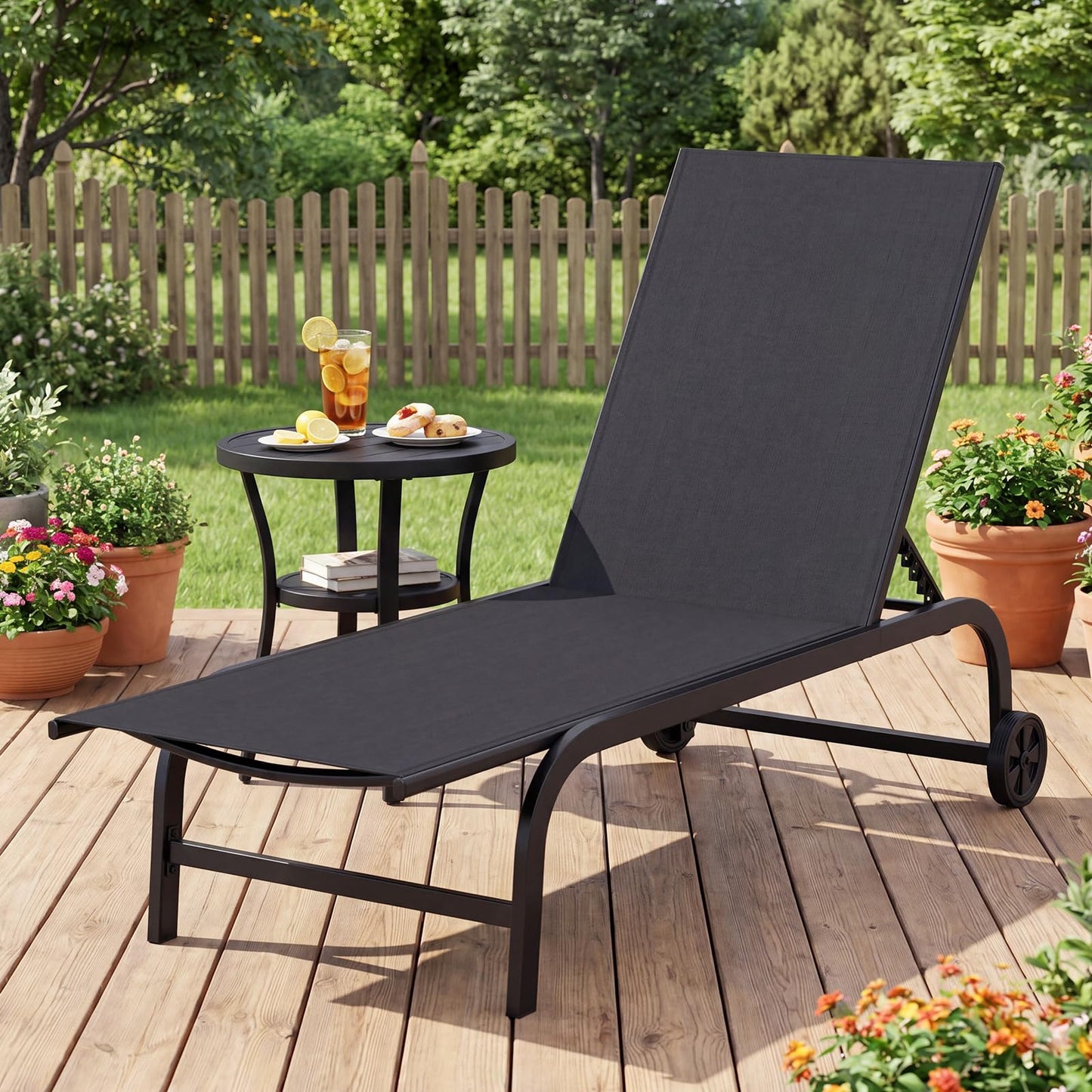 Garden Sun Lounger with Wheels, 6 Positions Adjustable Outdoor Chaise Lounge Chair