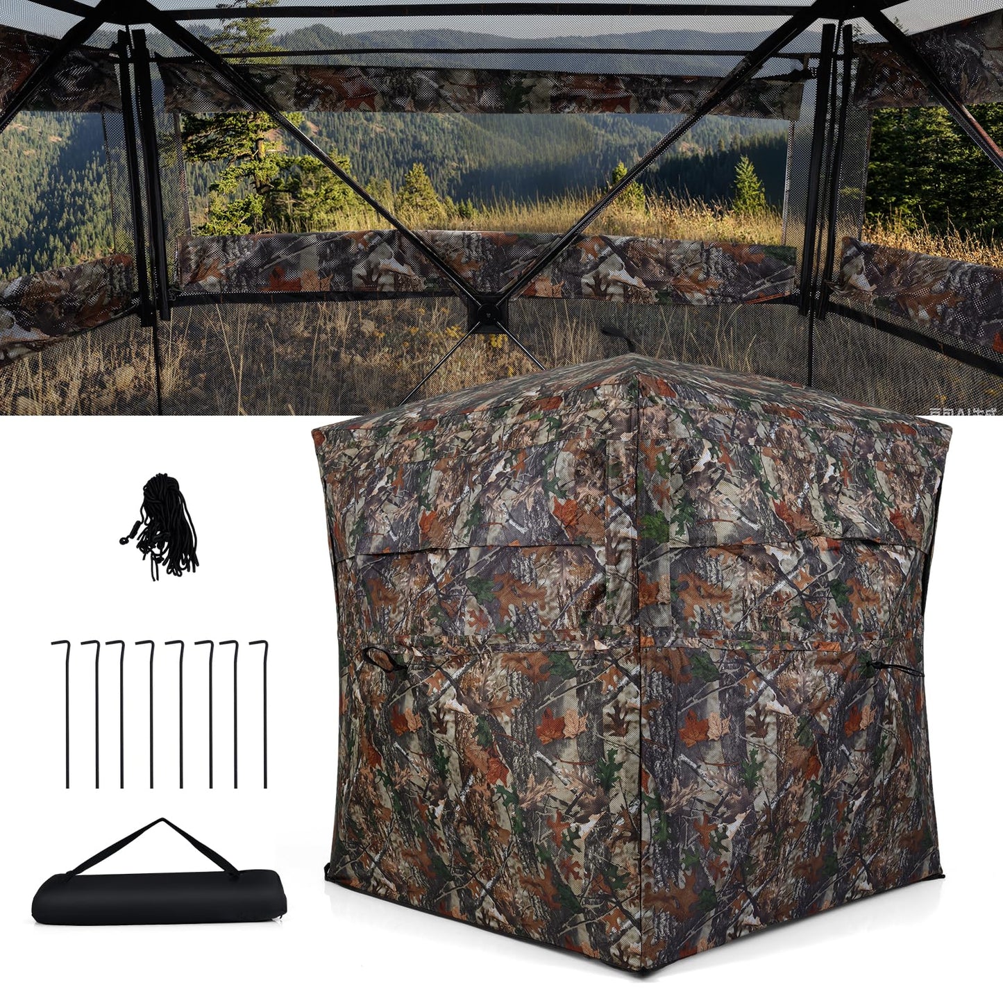 360 Degree One-way See-through Hunting Blind 4 People Ground Blind with Silent-slide Windows