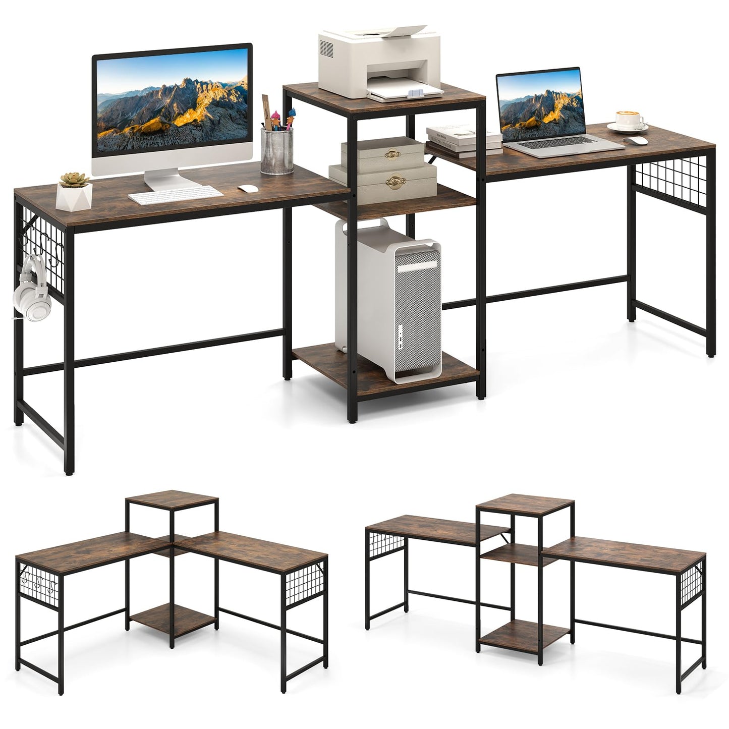 240 cm Long Convertible 2-Person Desk with Printer Stand and Adjustable Shelf