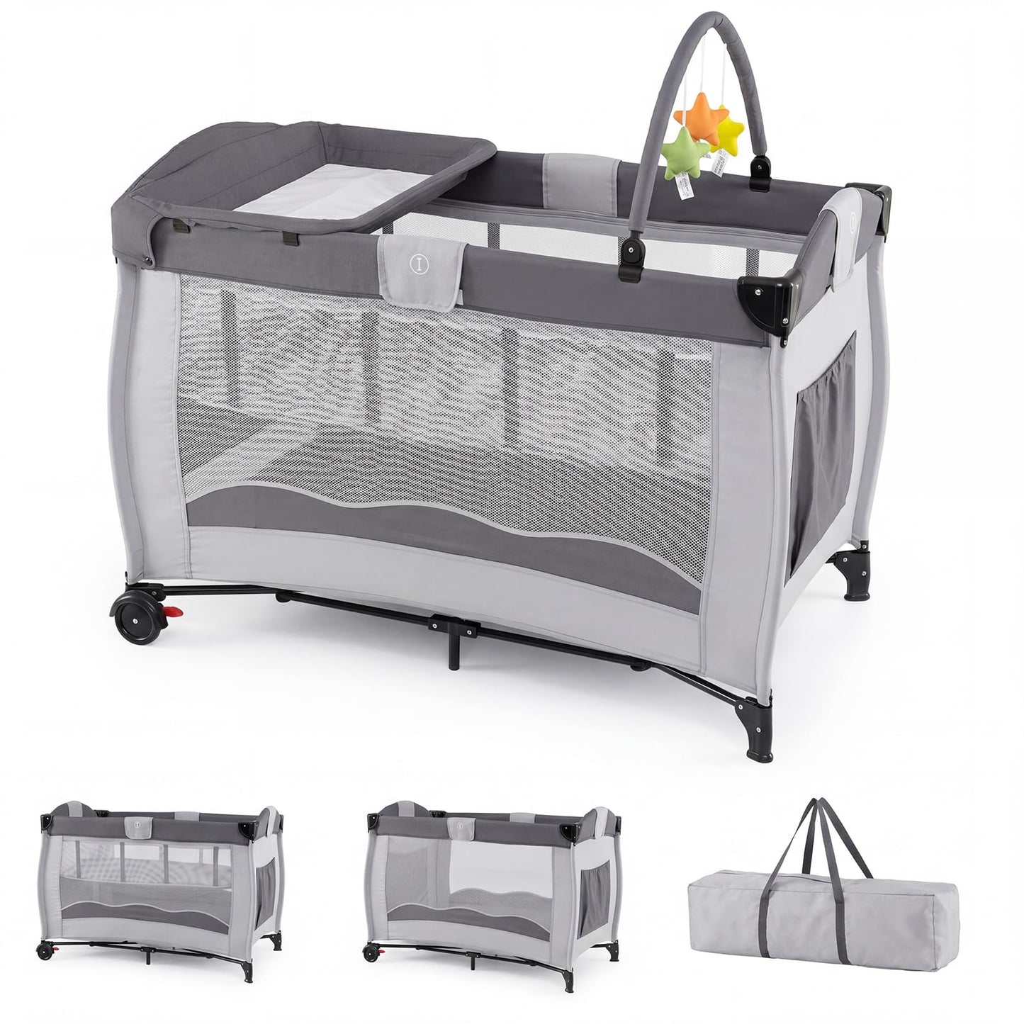 4 in 1 Pack and Play Foldable and Portable Baby Playard with Diaper Changing Table and 3 Hanging Toys