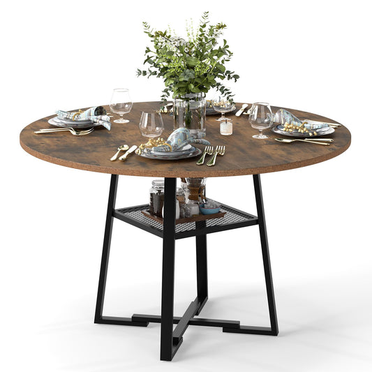 Round Dining Table for 4-6 120 CM Dining Room Table with Storage Shelf and Metal Legs