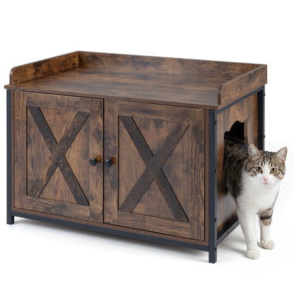 Cat Litter Box Enclosure with 2 Barn Doors Metal Legs and Side Entrance
