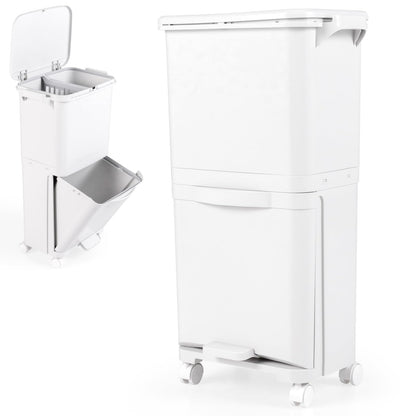 Giantex Recycling Bins 40L Pedal Kitchen Bin with 3 Compartments Lockable Wheels