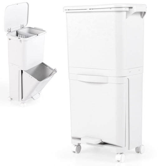 Giantex Recycling Bins 40L Pedal Kitchen Bin with 3 Compartments Lockable Wheels