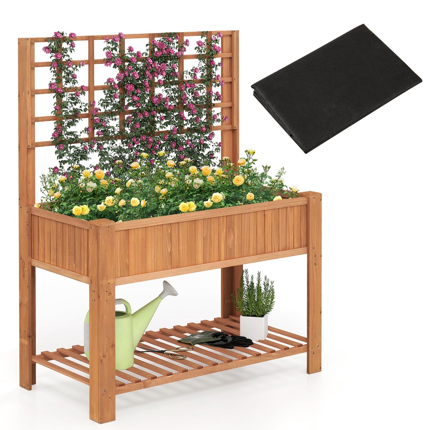 2 Tier Raised Garden Bed with Trellis for Climbing Plants Vines Fruit