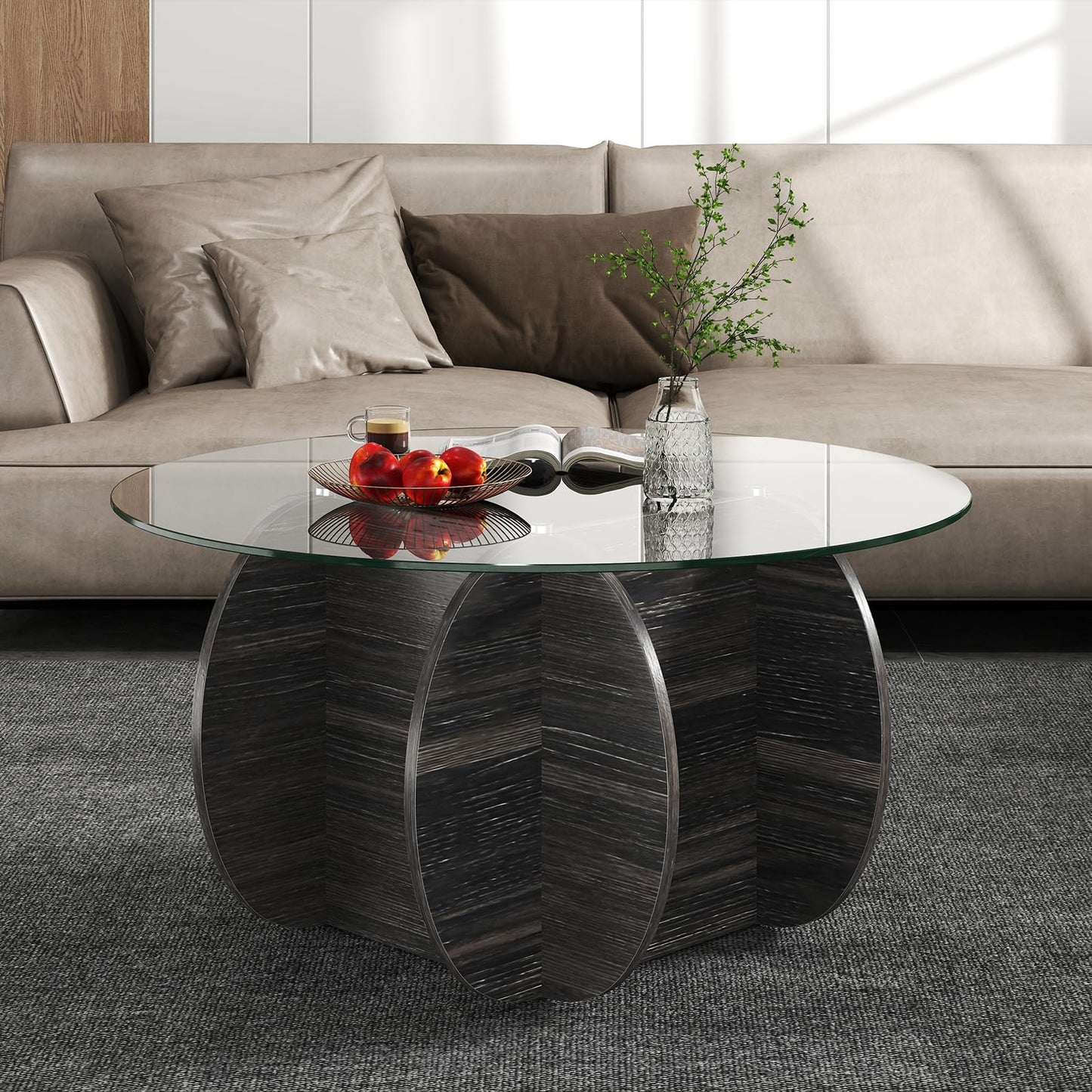 89cm Round Coffee Table Modern Accent Table with Tempered Glass Top
