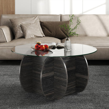 89cm Round Coffee Table Modern Accent Table with Tempered Glass Top