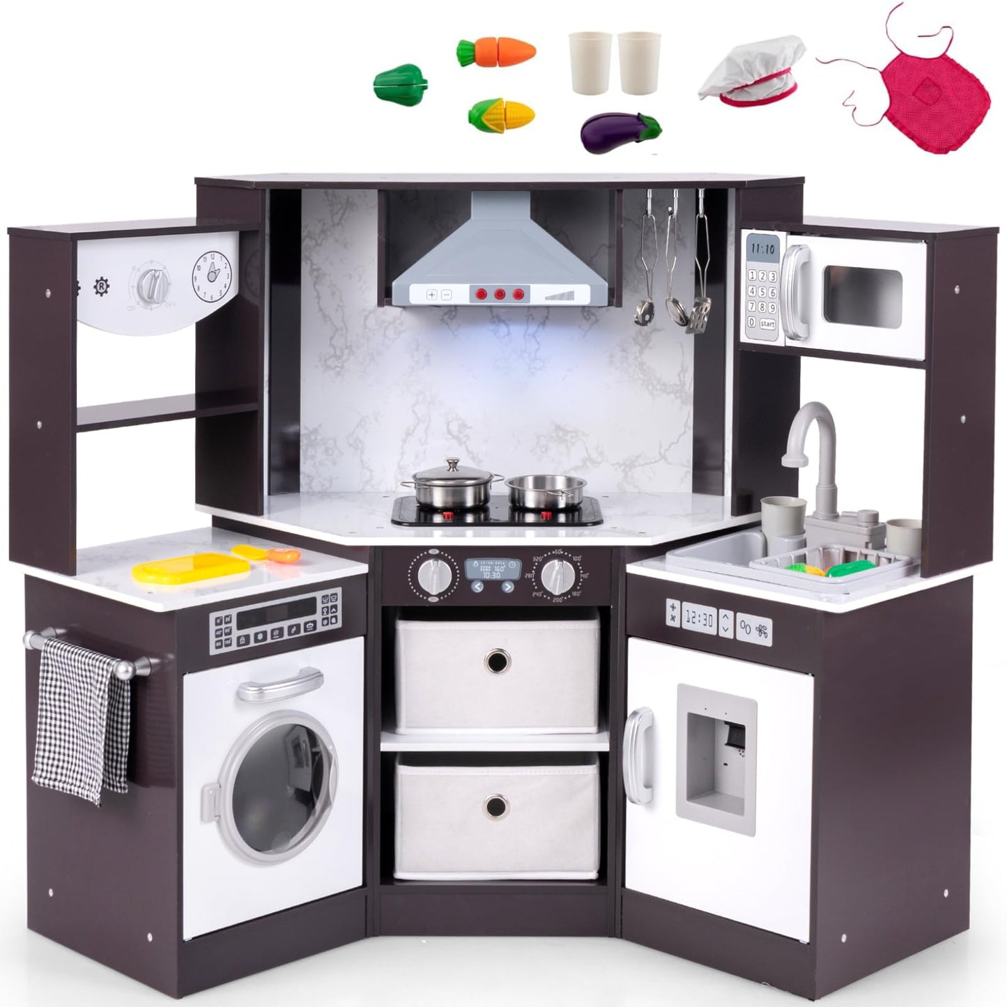 Wooden Kids Play Kitchen Corner with Lights and Water Circulation System