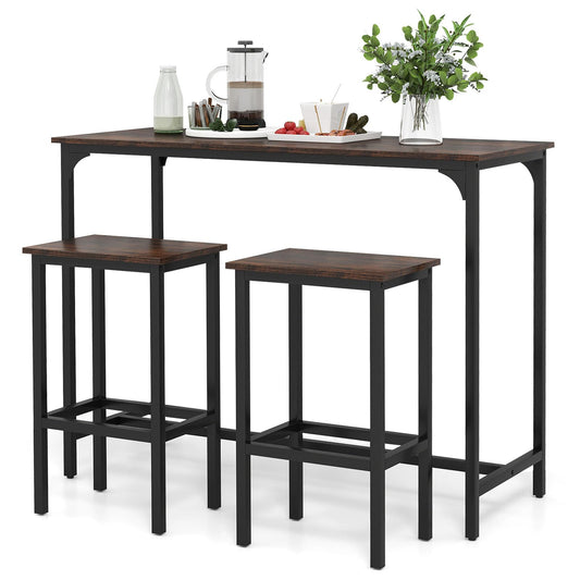 3 Piece Dining Table Set with High Top Rectangular Pub Table and Chairs