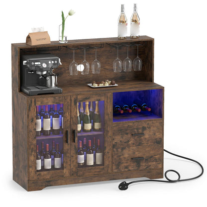 Wine Bar Cabinet with LED Lights & Charging Station