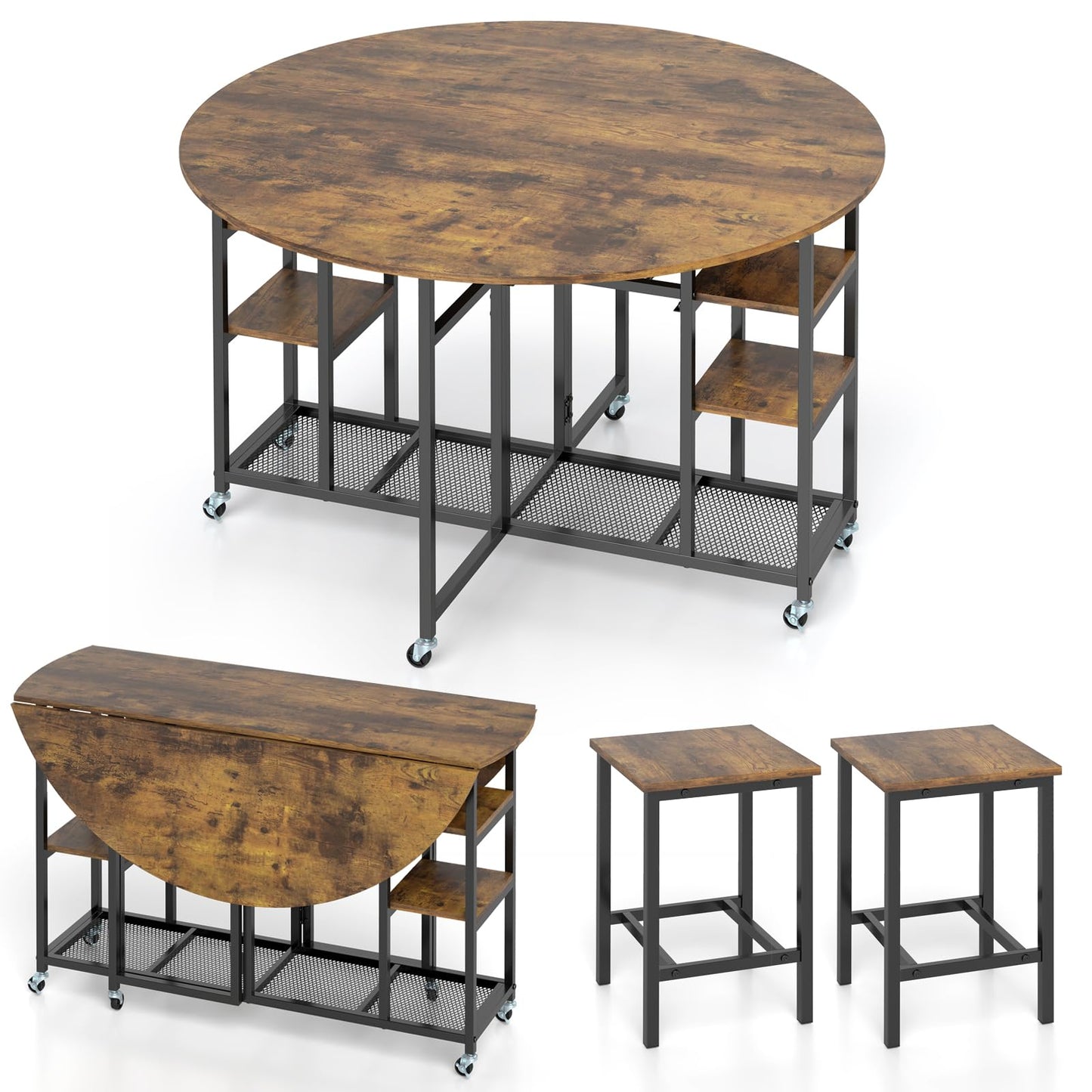 3-Piece Folding Dining Table Set with Large Tabletop and Storage Racks