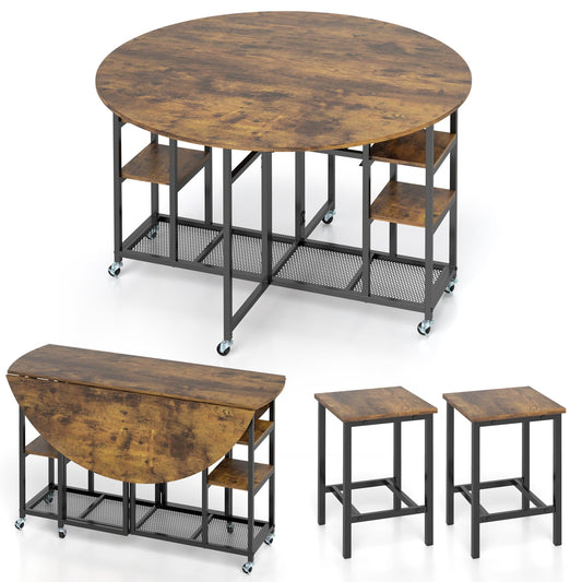 3-Piece Folding Dining Table Set with Large Tabletop and Storage Racks