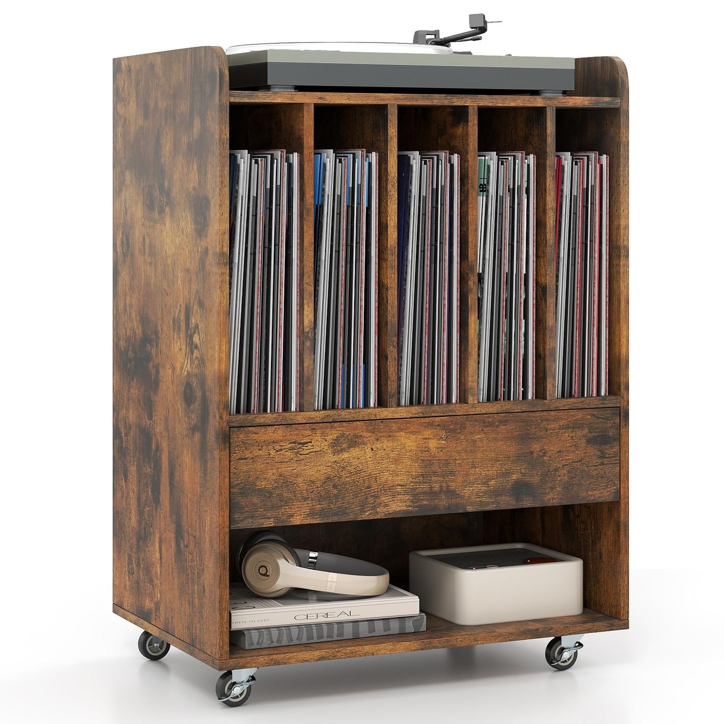 Record Player Stand On Wheels with 5 Compartments for Living Room Bedroom