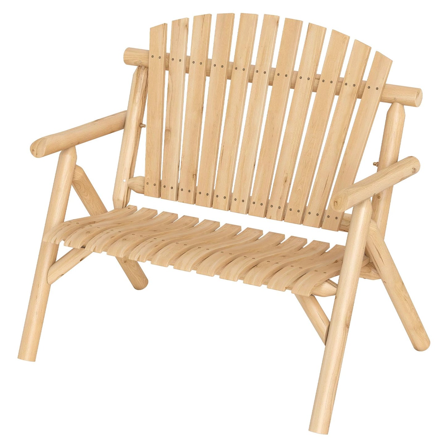 2-PersonLog Wood Patio Bench with Slatted Backrest Built-in Armrest and Curved Seat