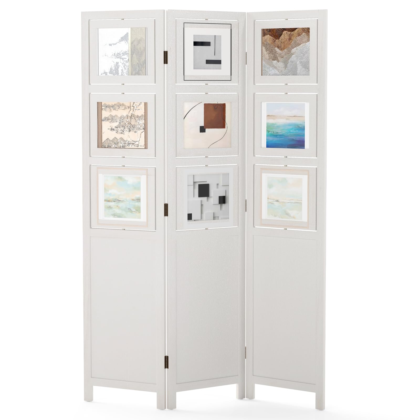 3 Panel Folding Room Divider with 9 Swivel Paulownia Wood Photo Frames ...