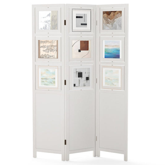 3 Panel Folding Room Divider with 9 Swivel Paulownia Wood Photo Frames